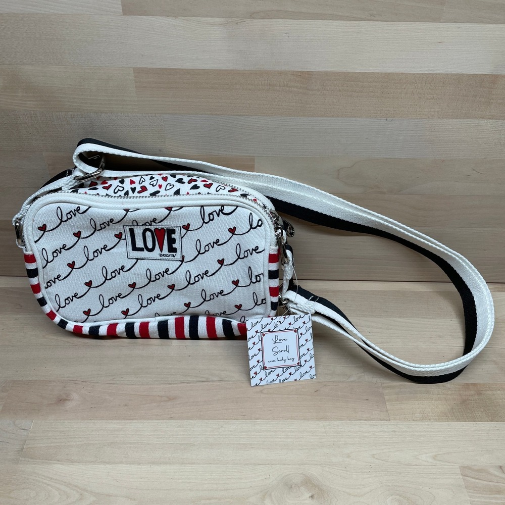 Brighton Love Scroll Crossbody Bag Canvas Heart Print White Red Black
